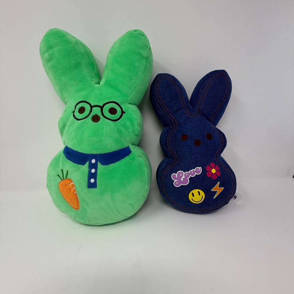 Peeps Bunny Plush Lot of 2 Green Glasses Blue Denim Look 8-12 Inch Easter Toy